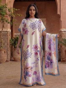 Women's Floral Print Robe Set, Matching Casual Fashion Long Dress + Headscarf Scarf Hairband, Beach Sun Protection Satin Silk Shawl Casual Wear, Outfit, Lightweight