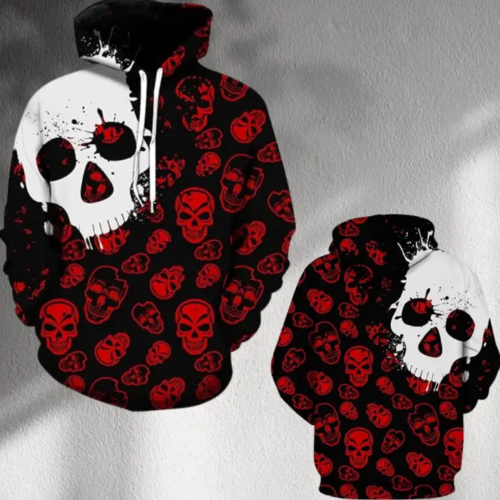 Red Skull Hoodie Black and Red Graffiti All Over Print  Unisex Streetwear Gothic Grunge Soft Fleece Pullover, Edgy Halloween Gift