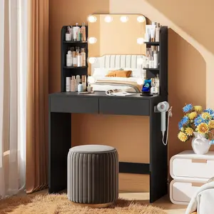 wanan Vanity Desk with Mirror and Lights 3 Colors, Girls Vanity Set with Power Outlet, Compact Vanity Table for Small Space, Black Vanity Desk only