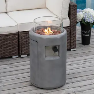 Outdoor Propane Fire Pit Table w Compact Ledgestone 16-inch Round Graphite Base and Glass Wind Guard, 40,000 BTU, Free Lava Rocks, Touch-up Pen