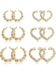 6-10 Pairs Bamboo Earrings Set Hollow Casting Hip-Hop Large Bamboo Earring For Women Oversize Different Shape Gold Hoop Earrings Set Fashionable Hoop Earrings Fashion Rapper Accessories Jewelry Earring Sets