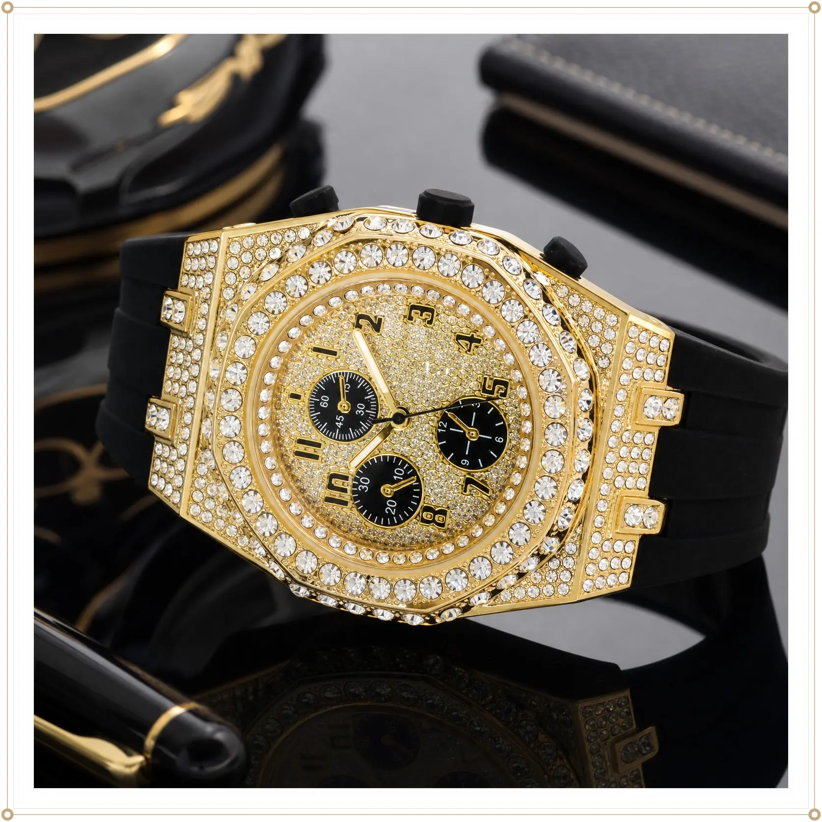 43mm Octagon Bezel Watch with Silicone Band – Quartz Movement, Stone Detail – Alloy with Coated Finish
