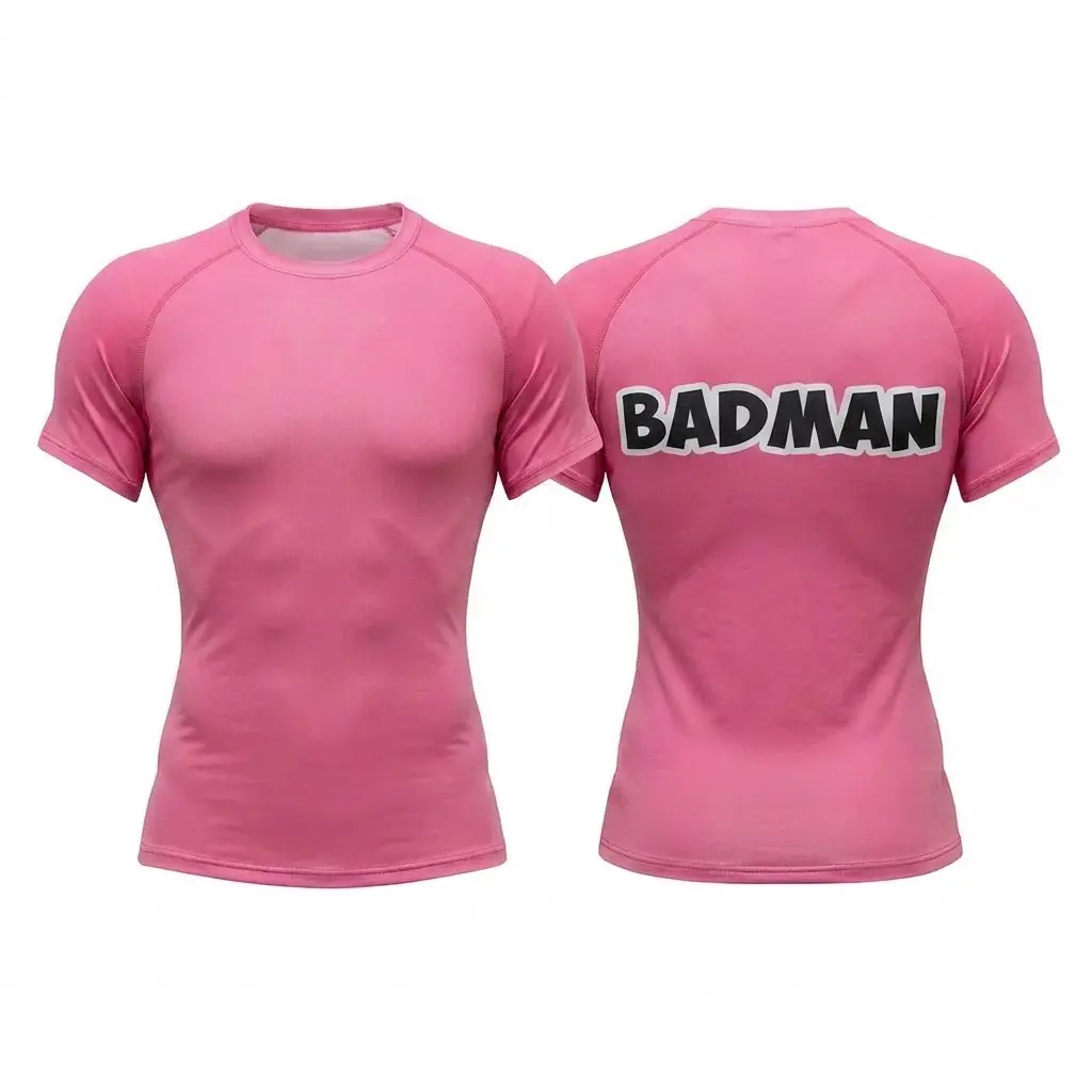Badman Text Graphic Compression Shirt, Pink Short Sleeve Mens Rash Guard, Anime Prince Saiyan Cosplay Workout Top, Retro Graphic Tight Fit Base Layer, Quick Dry Breathable Bodybuilding Running Fitness Gym Training Tee Gift