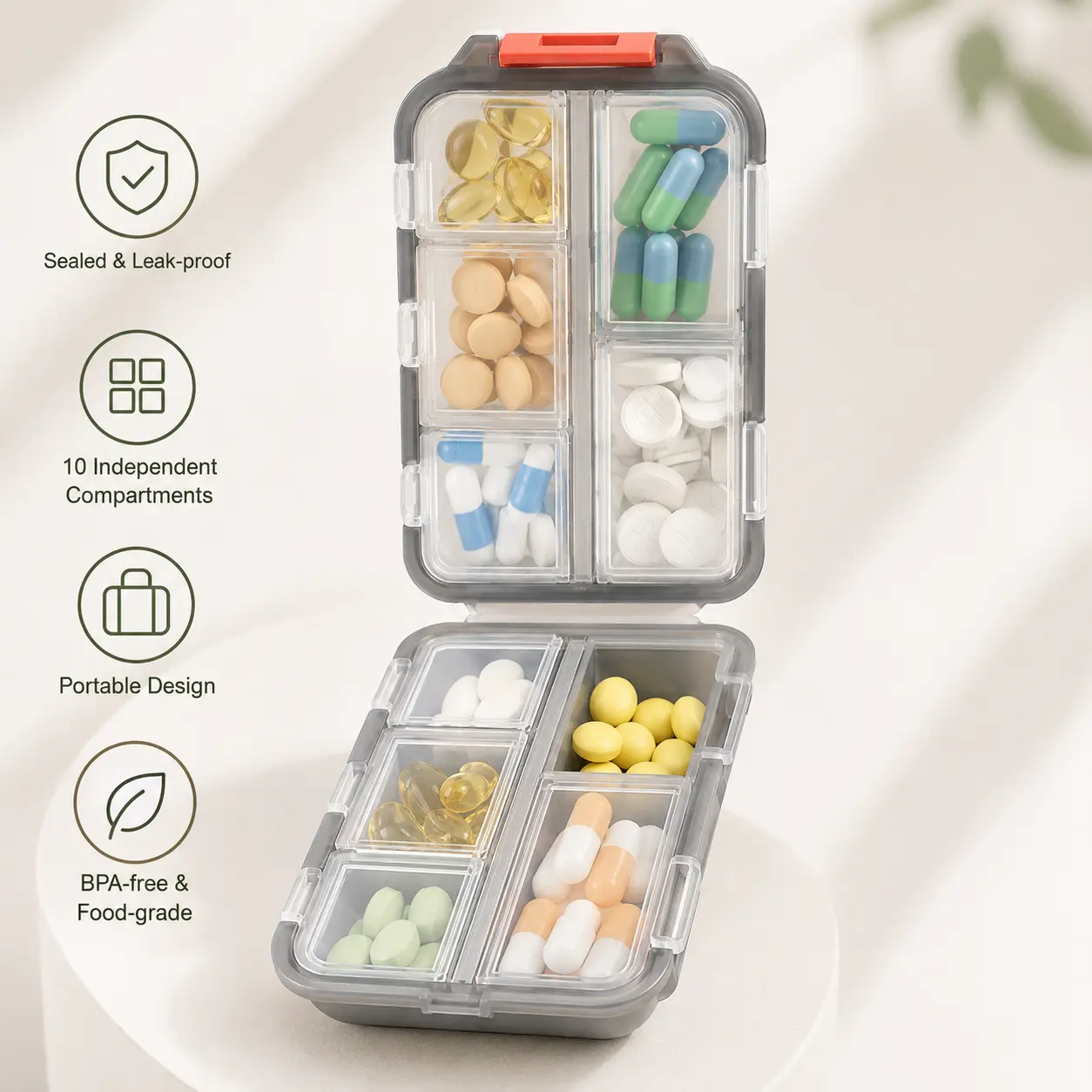 1 Count Portable 10 Grids Pill Box, Moisture Proof Independent Inner Lids Case for Travel and Daily Medication Sorting Storage,dorm essentials,home decor