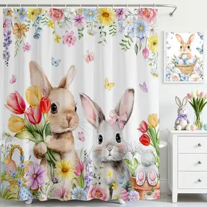 Easter Bunny Shower Curtain Easter Cute Rabbits Spring Floral Bathroom Spring Waterproof Fabric Shower Curtain Bathtub Decor with 12 Hooks