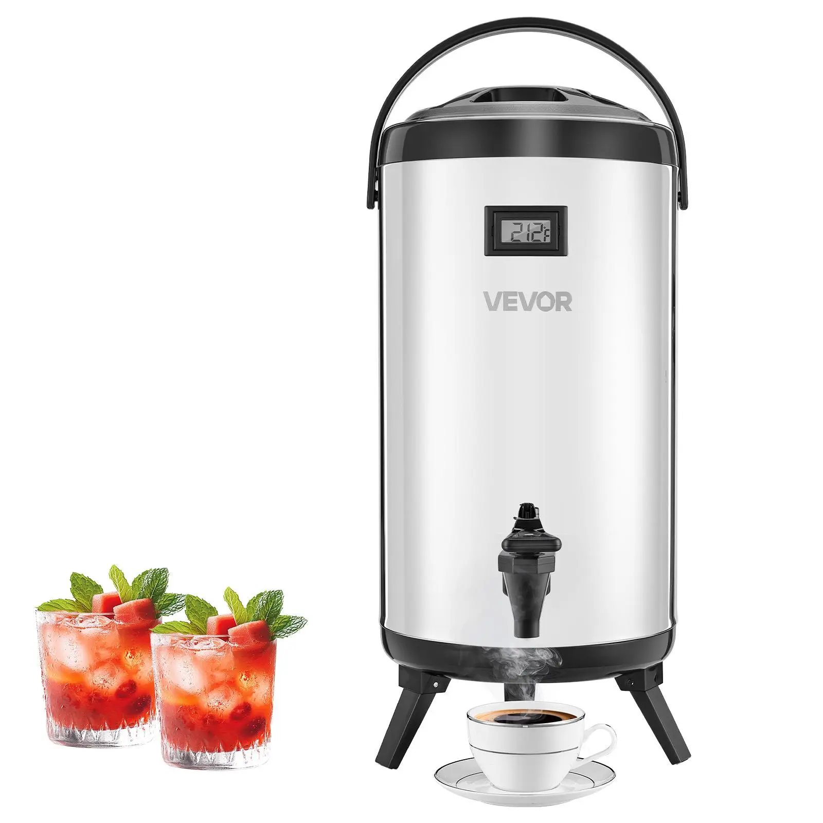 VEVOR Thickened Insulated Beverage Dispenser, 2.4 Gal/9.2L Stainless Steel Thermal Drink Server with Spigot, Temp Display, Portable Ergonomic Handle & Non-Slip Handle, Odor-Free for Hot/Cold Drinks, Cold Water, Cafes & Outdoor Events, Silver, Cafes & Rest