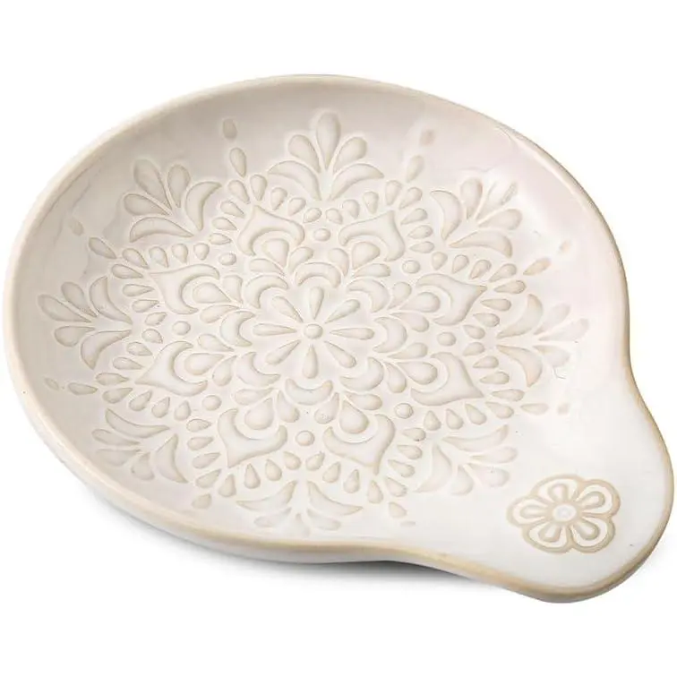 Farmhouse Ceramic Spoon Rests Holder for Kitchen Counter Stove Top (White-A2)