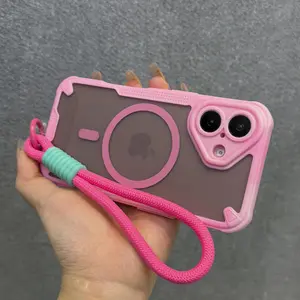 Fin For iPhone Series Matte For Magsafe Magnetic Case For iPhone 12 13 14 15 16 Pro Max Plus Translucent Shockproof Wrist Strap Armor Rugged Cover