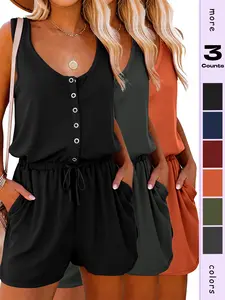 Women's Four Seasons Round Neck Button Sleeveless Jumpsuit, Adjustable Waist, Short Pants with Pockets, Outerwear & Home Sleepwear Set, Womenswear