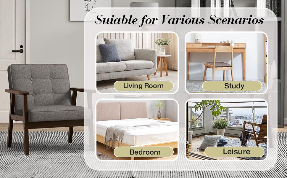 KCC Mid-Century Modern Linen Fabric Accent Chair, Upholstered Tufted Leisure Chair Comfy Reading Side Chair with Armrest and Solid Wood Frame for Living Room Bedroom Balcony(Green)