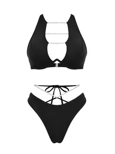 2026 new women’s cutout tie bikini two-piece set—fashionable, sexy strappy bust-lifting separate swimsuit set; women’s holiday casual beach swimwear/onsen wear