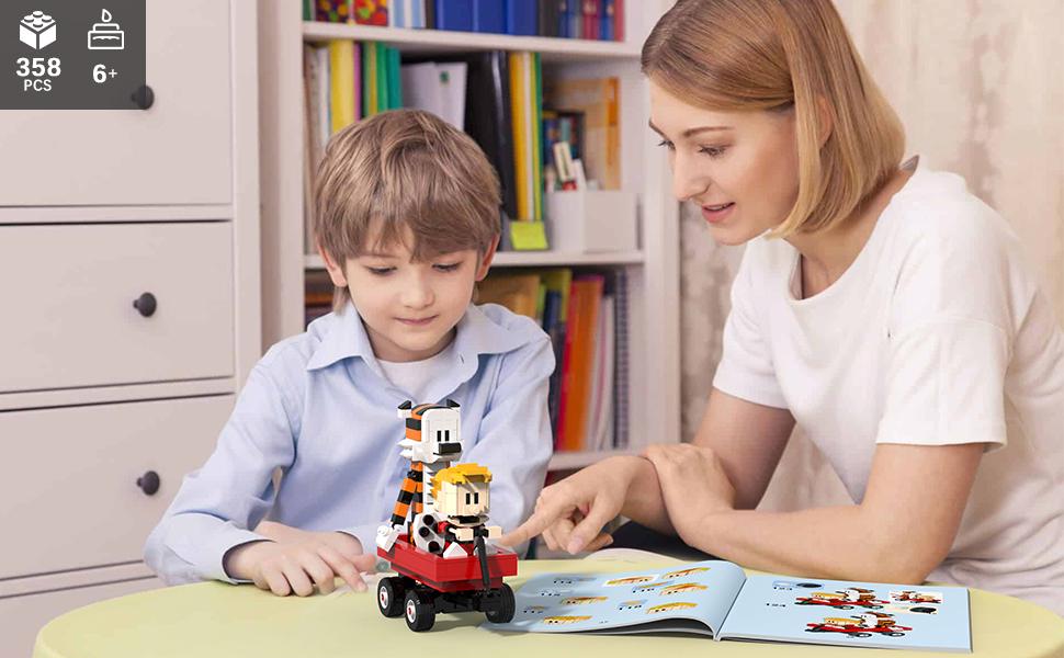 TENHORSES Boy and Tiger Adventure Blocks Set 358PCS with Rotatable Device Compatible with Legos Durable ABS Plastic Toy for Boys Girls Adults Fathersdaygift Model Car Kit with Wheel Animals