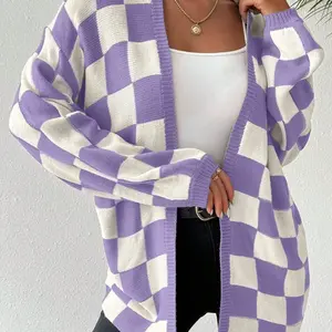 Women's Checkerboard Print Drop Shoulder Cardigan, Casual Fit Long Sleeve Open Front Knitwear for Fall & Winter, Women's Knit Clothing for Daily Wear