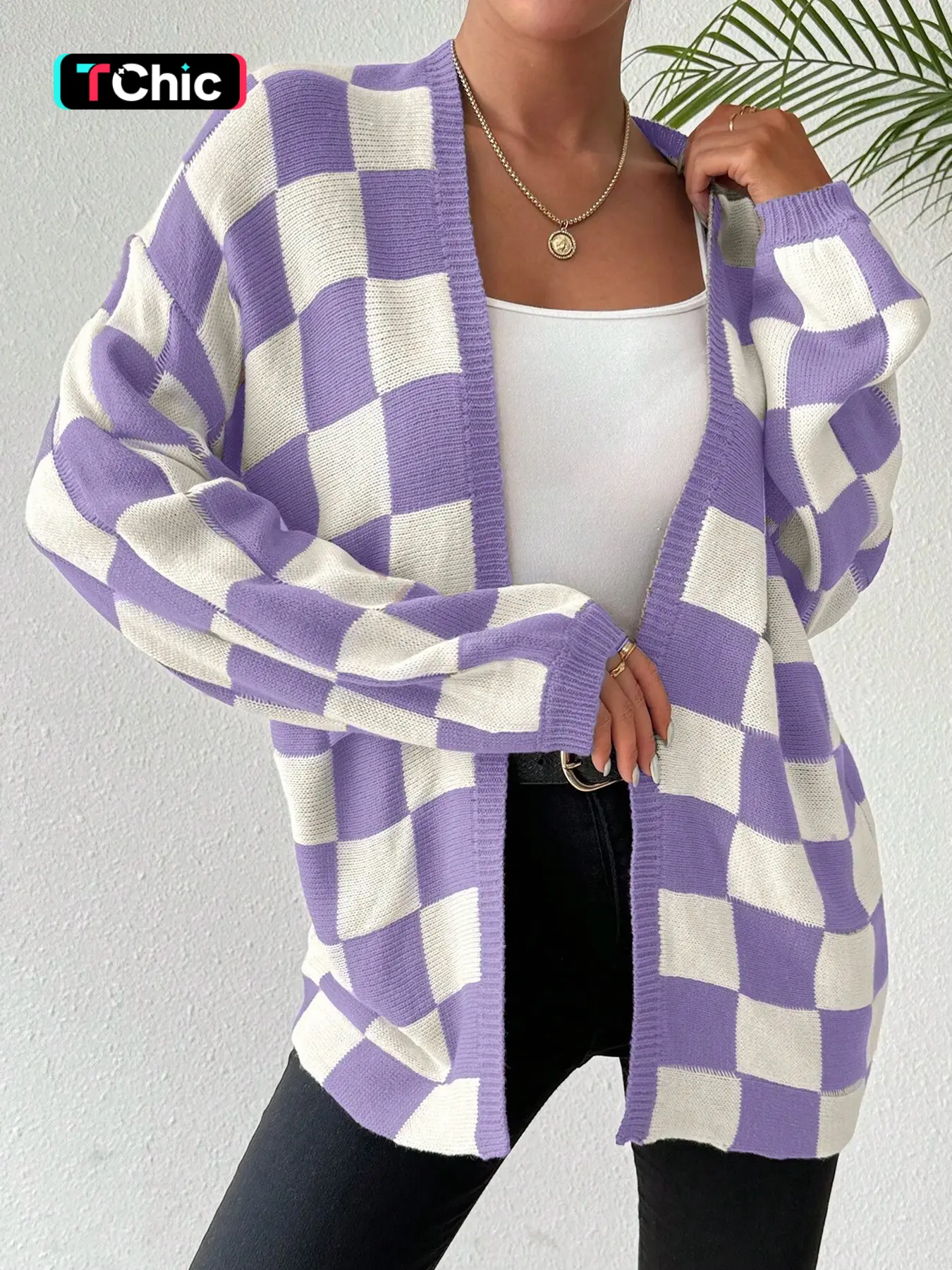 Women's Checkerboard Print Drop Shoulder Cardigan, Casual Fit Long Sleeve Open Front Knitwear for Fall & Winter, Women's Knit Clothing for Daily Wear