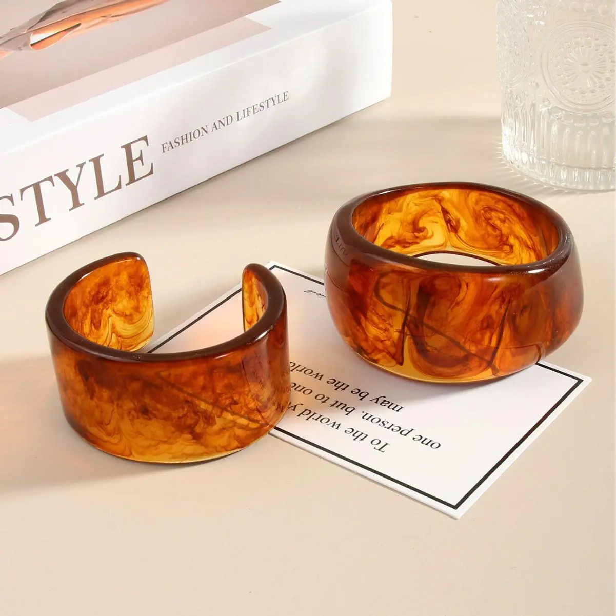Vintage Wide Geometric Open Resin Bracelet Brown Irregular Chunky Smudging Bangle Jewelry Gift for Women Girls 2025 New
