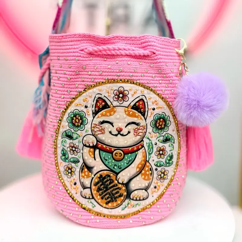 Handmade Pink Wayuu Bucket Bag with Lucky Cat | Rhinestone Crochet Crossbody Purse | Kawaii Boho Bag