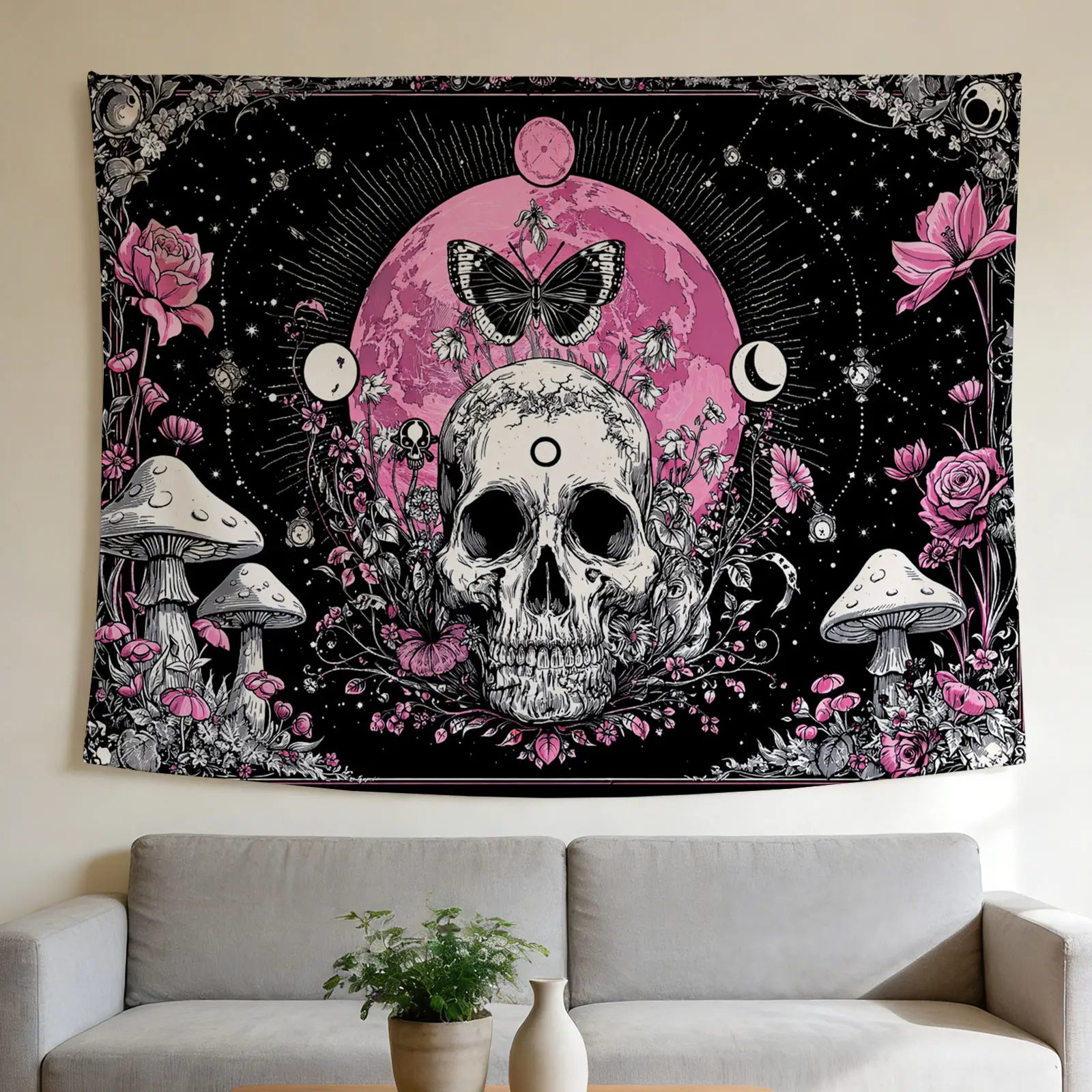 Gothic Tapestry Skull Wall Hanging with Pink Flowers,Butterflies&Moon Phases,Dark Academia Decor,Bohemian Gothic Tapestry for Bedroom,Aesthetic Wall Art,Best Wall Decor for Living Room