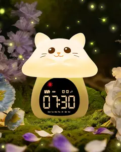 Mushroom Cat Sleep Trainer Alarm Clock Night Light for Kids - 7 Color Silicone Touch Lamp with Dual Alarms, 5 Ringtones & Snooze, Rechargeable Bedside Clock for Bedroom, Perfect Birthday & Holiday Gift ethiopian calendar clock hannibal