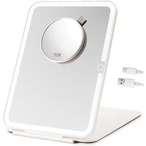 Rechargeable 2000mAh Lighted Makeup Mirror with 10X Magnifying Mirror, 10x7 Large Travel Mirror with Light, Portable Folding Light up Mirror with 3 Color Lights Dimmable, LED Desk Mirror