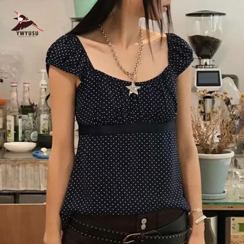 Women's Y2k Fairy Grunge Polka Dots Shirts Babydoll Lace Patchwork Bow Crop Tee Tops Aesthetic Coquette Clothes