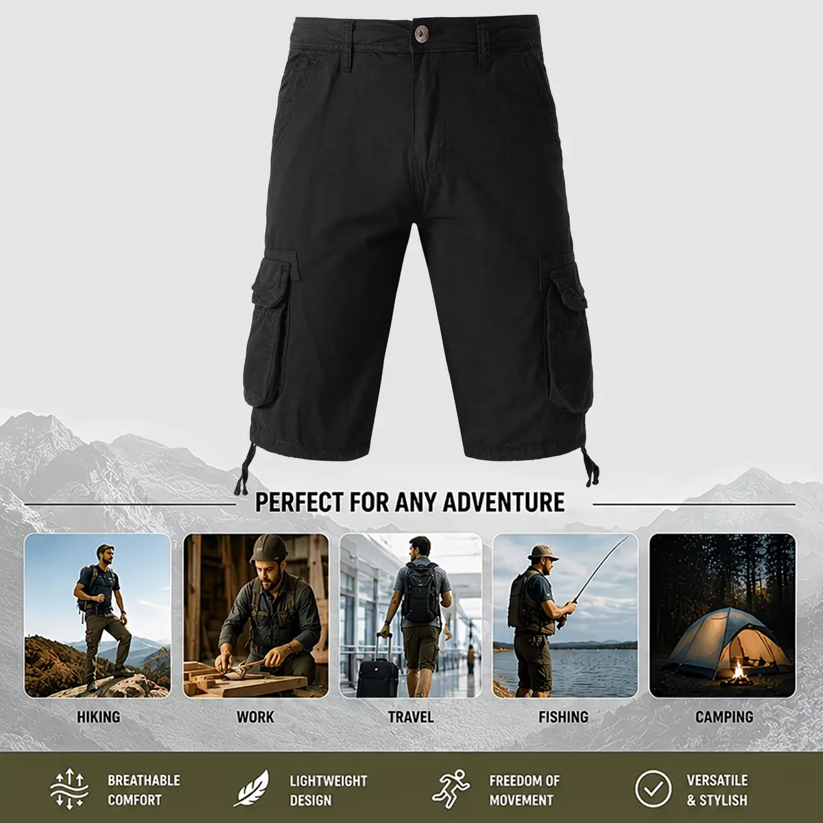 Men's Heritage Utility Cargo Shorts, Casual Retro Street Style with Multiple Pockets, Mid Waist, Machine Washable for Camping&Hiking, Trouser