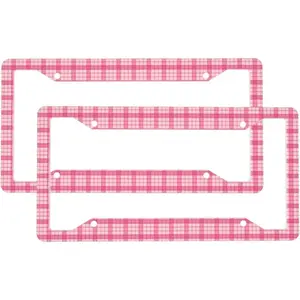 2 Pcs Car License Plate Frames for Women Men - Aluminum Solid Pink Plaid Print License Plate Cover for Car Accessories for Women Men with Fasteners and Screws ﻿