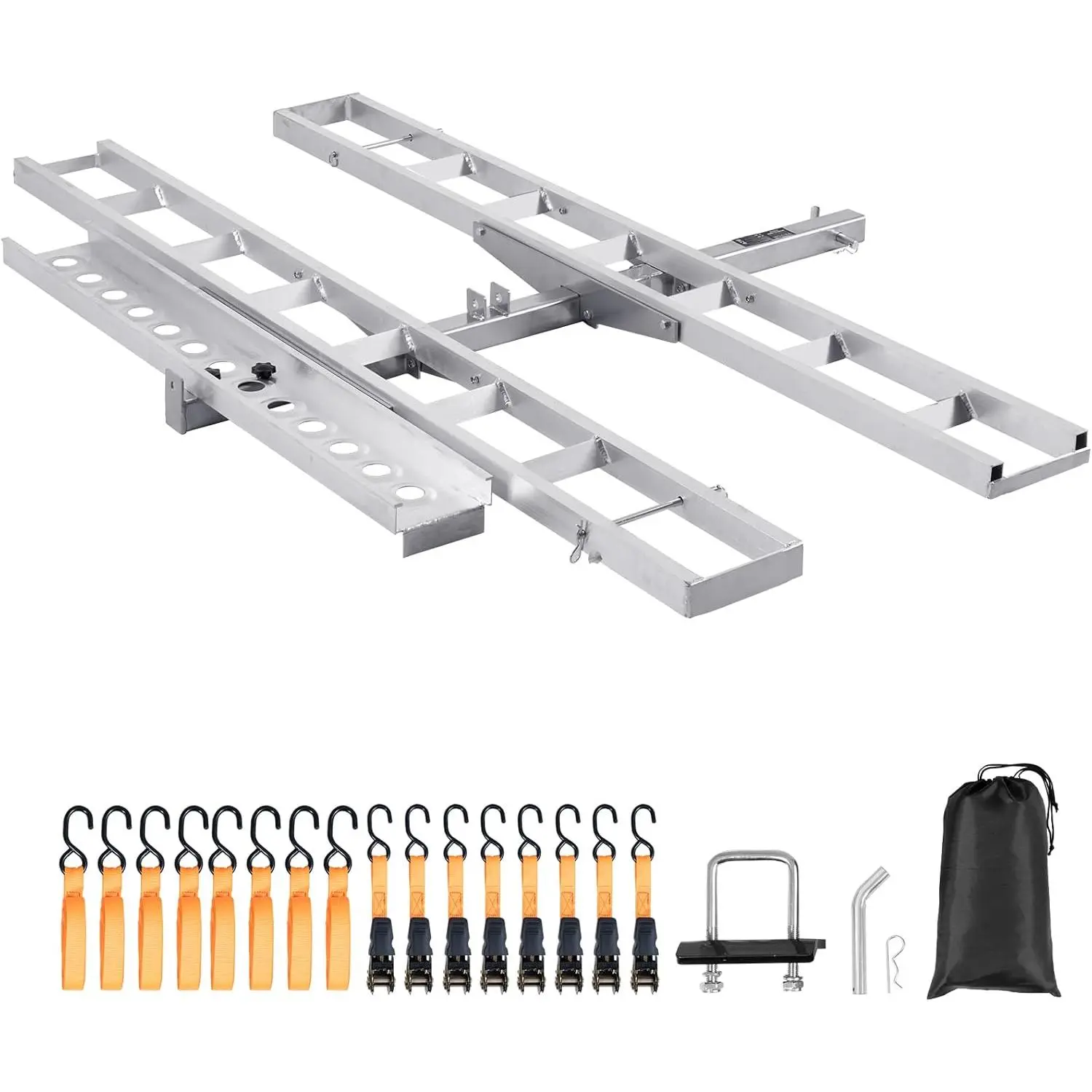 VEVOR Aluminum Motorcycle Hitch Mount Carrier, 2-Bike 600-Weight Support, Self-Storing Ramps+Straps (8 Ratchet Straps), Stabilizer, Scooter Dirt Bike Hauler for Car/Truck with 2" Hitch Receiver, Hook Stabilizers