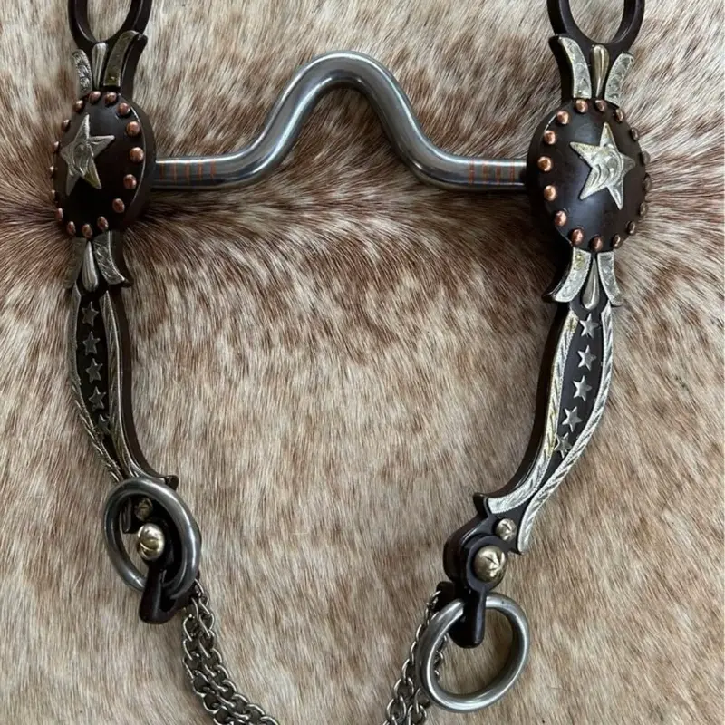 Antiqued Brown Steel 5 1/4” Port Mouth Engraved Silver Horse Bit Tack