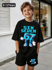 Boys' Six Seven Number Blocks Printed T-shirt and Shorts Set, 8-12 Years Old, Pixel Style, 67 Cartoon, Loose Round Neck Short-sleeve and Shorts Children's Set Clothes Kids