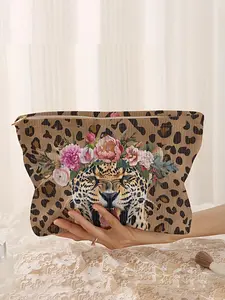 Fashion Leopard & Flower Pattern Makeup Bag, Elegant Embellished Clutch, Casual Versatile Storage Bag, Travel Makeup Bag, Suitable for Women & All Kinds Of Occasions
