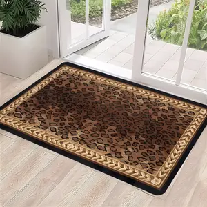 Leopard Print Border Doormat, Vintage Brown Animal Print Welcome Mat with Decorative Trim, Anti-Slip Highly Absorbent Quick Dry Floor Mat, Soft Low-Profile Indoor Outdoor Entrance Rug for Front Door Porch Entryway, Glam Home Decor, Gift for Family Friends