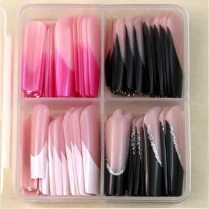 Glossy Press on Nail Set, Reusable French Style Press on Nails, Elegant Stick on Nails Kit for Women & Girls, Glitter Base French Tip