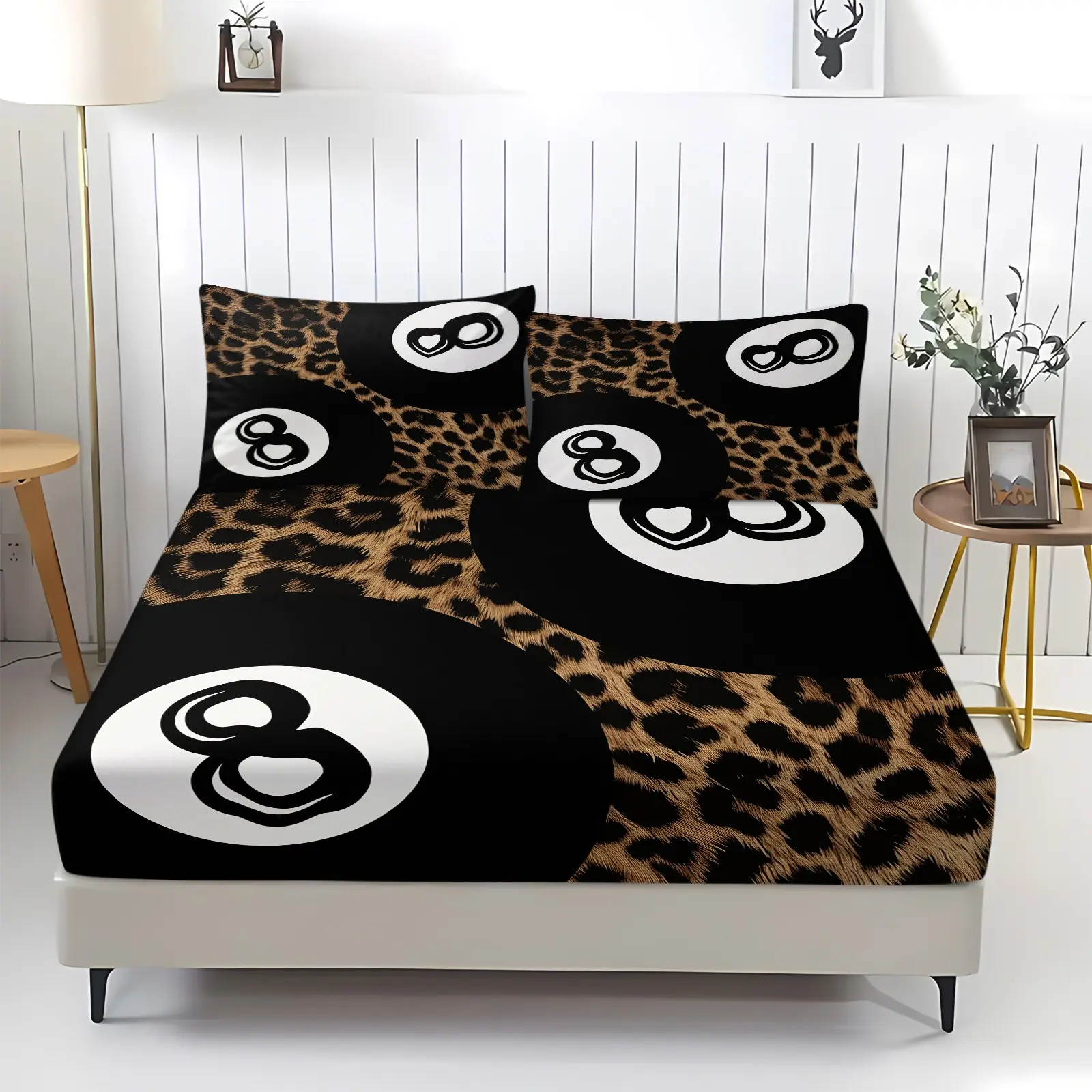 8 Ball Leopard Print Fitted Sheet Set Twin Size 3 Piece, With 2 Pillow Sham+1 Fitted Sheet, Y2K Retro Streetwear Aesthetic Bedding, Soft Deep Pocket Microfiber, Comfy Bed Sets, for Teen Boys Girls Bedroom Dorm, Street Fashion Trend Bedroom Decor