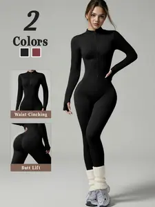 Sexy Zipper High Stretch Short Sleeve Tight Jumpsuit, Sporty Fitness Running Yoga Nine-Point Jumpsuit, All Seasons Wear