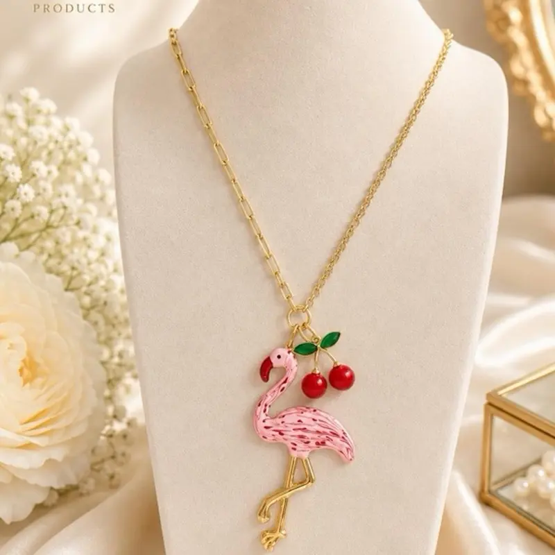 Valmaur Products Flamingo Brass Pendant Necklace - Long Chain with Pink Flamingo and Red Berries Charm