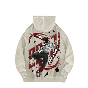 Dante, the protagonist of Chainsaw Man, is wearing a double-sided hooded sweatshirt made of pure cotton, unisex, with a pattern, in an American style.