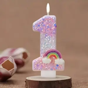 1pcs Cake birthday candles with glitter, Glittery white sequins, and cute gradient three-color rainbow clouds, handmade DIY cake decorations for indoor candles, first birthday celebrations, adult parties, anniversaries, and festive decorations Ornaments