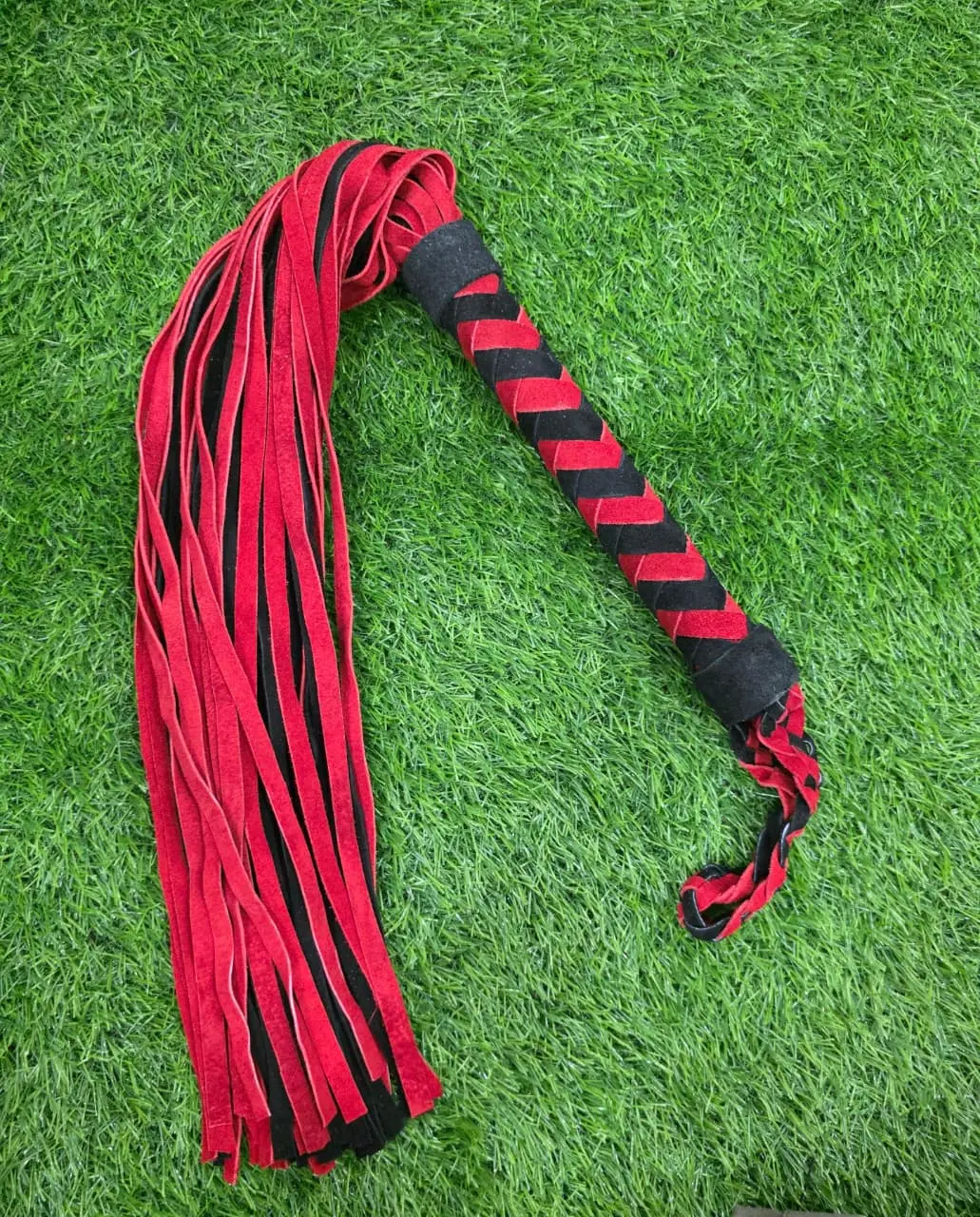 Genuine Leather Flogger Red & Black Handcrafted Suede Whip with Braided Handle