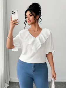 Plus Size Women's V Neck Ruffle Short Sleeve Blouse, Textured Batwing Sleeve Loose Fit Top, Boho Style for All Seasons