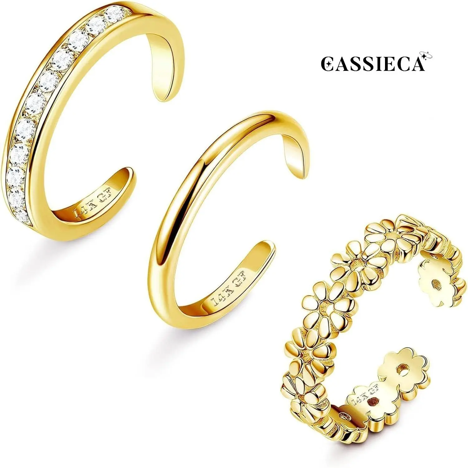 CASSIECA Women's 3PC Adjustable Gold-Plated Toe Rings Set, Open Band with Simple CZ Daisy Flower Design, Hawaiian Summer Beach Costume Jewelry, Gold Toe Rings