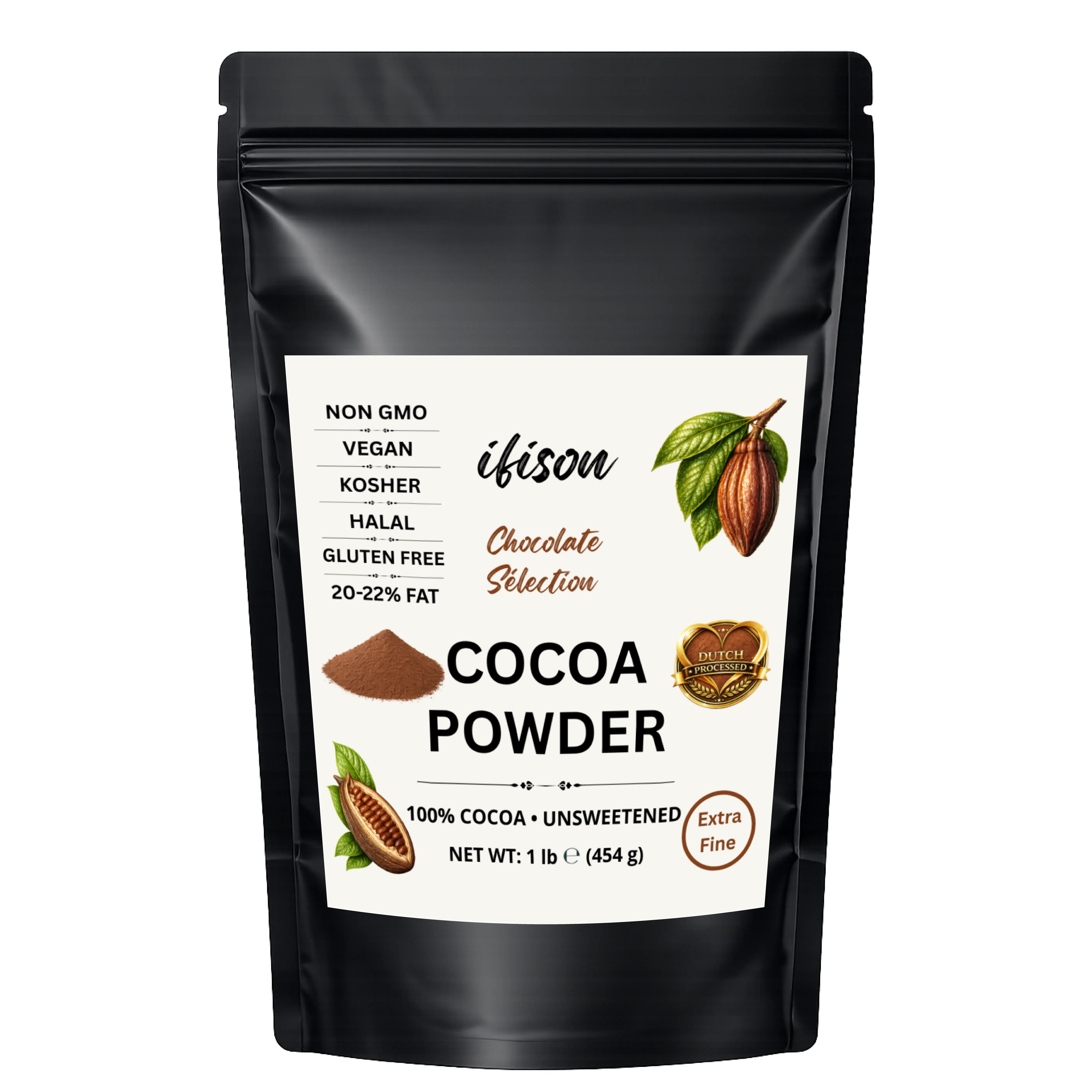 Ifison Unsweetened Dutch-Processed Extra-Fine Cocoa Powder Refill Pouch, 1 lb (454g), Vegan, Allergen-Free (Sugar, Gluten, Dairy Excluded), Kosher, Rich Dark Chocolate Flavor, Ideal for Baking, Hot Chocolate, Sugar Free