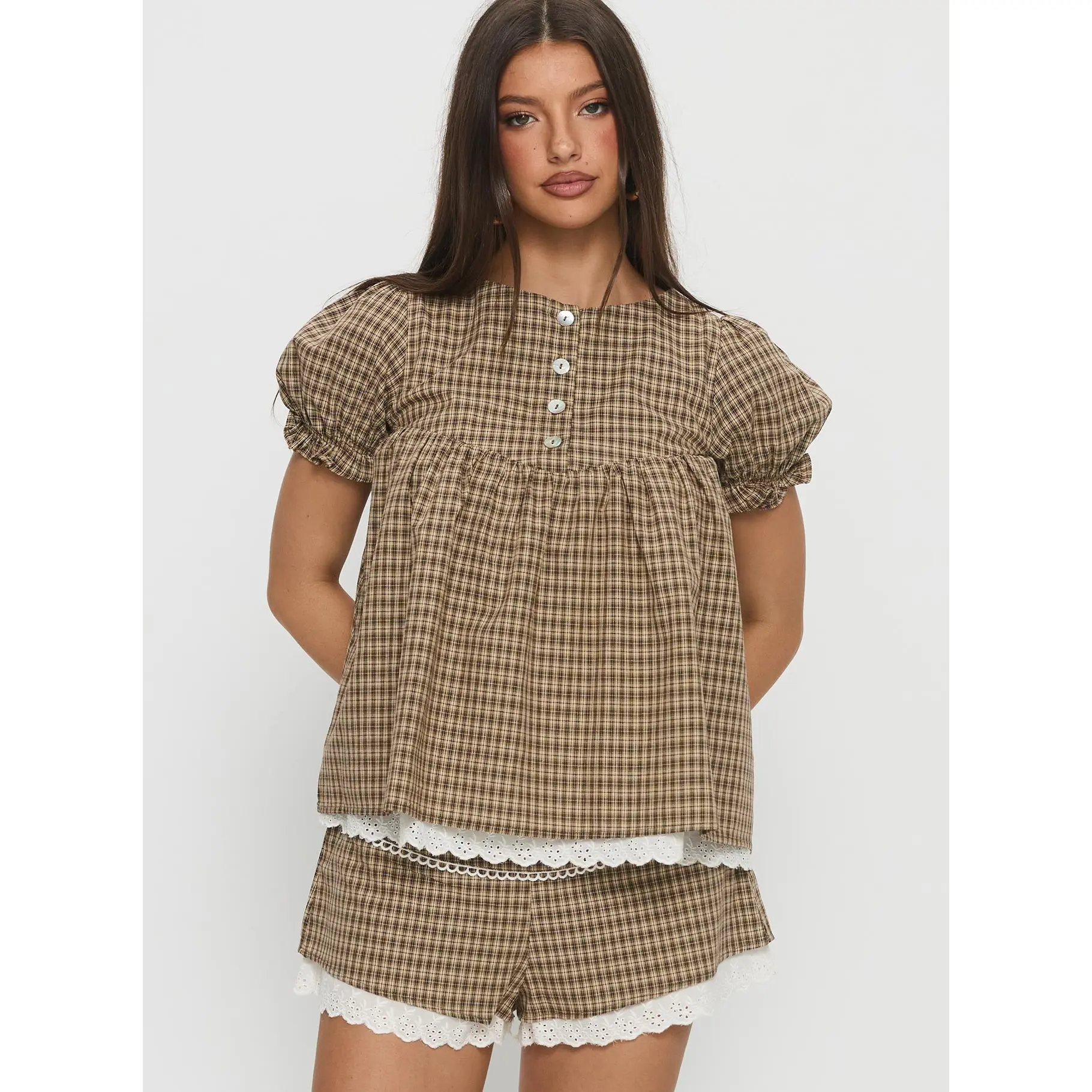 Chandelier Babydoll Top Brown Check - TikTok Shop