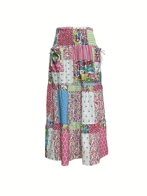Plus Size Colorblock Print Pocket Skirt, Casual Waist Tie Long Half Skirt, Comfortable and Stylish Women's Fashion