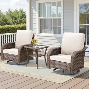 3 Pieces Patio Furniture Set, Outdoor Swivel Glider Rocker, Wicker Patio Bistro Set with Rocking Chair, Thickened Cushions and Table for Porch (Beige/Blue)