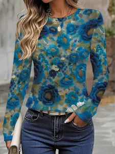 Women's Long Sleeve Floral Print T-Shirt, Polyester Fabric, Soft & Comfortable, Casual Fitted Top for Summer