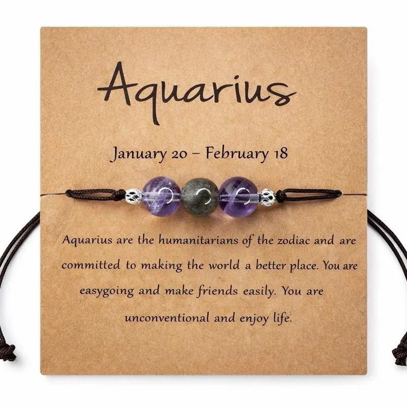 Aquarius Zodiac 3-Bead Crystal Bracelet – Amethyst & Labradorite Jewelry Handmade In USA