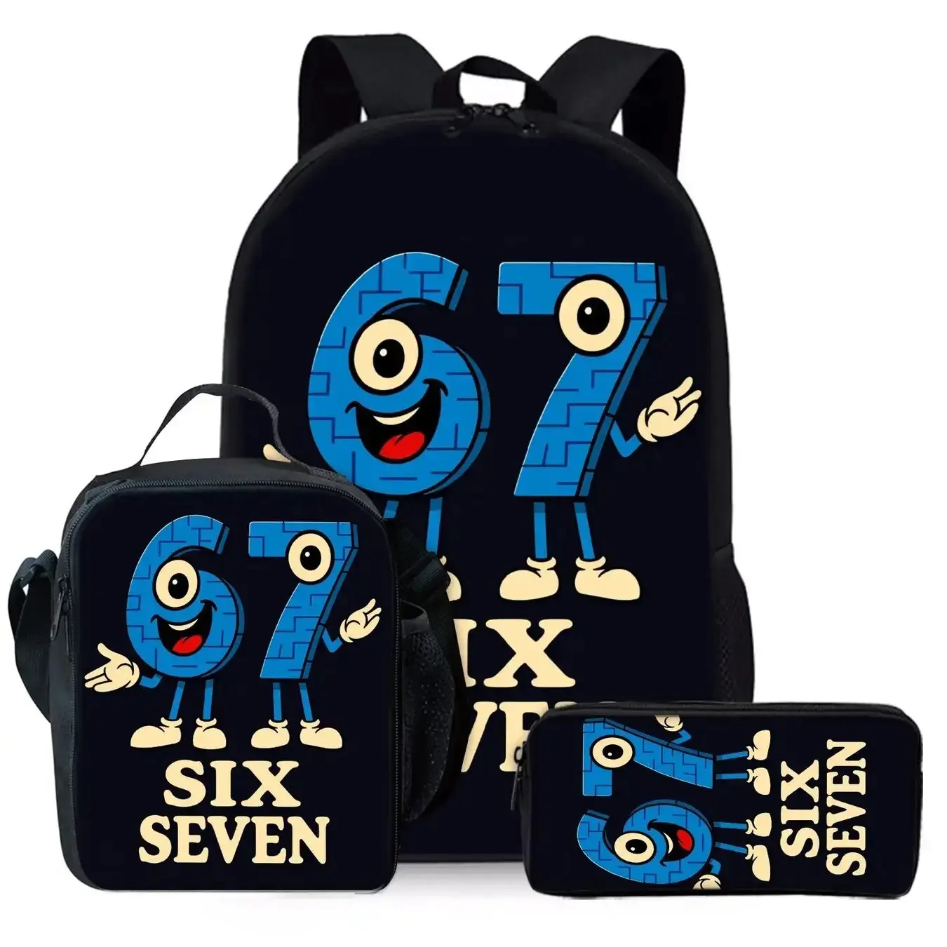 3PCS Number 67 Cartoon Backpack Set for Kids, Fun Digital Character School Bag Set with Lunch Box & Pencil Case, Lightweight Durable Student Bookbag for Boys & Girls, Back to School Gift Set