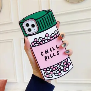 For iPhone 16 promax 15 14 Pro Max 13 12 11 3D Cartoon Chill Pills Phone Case Medicine Bottle Soft Silicone Cover