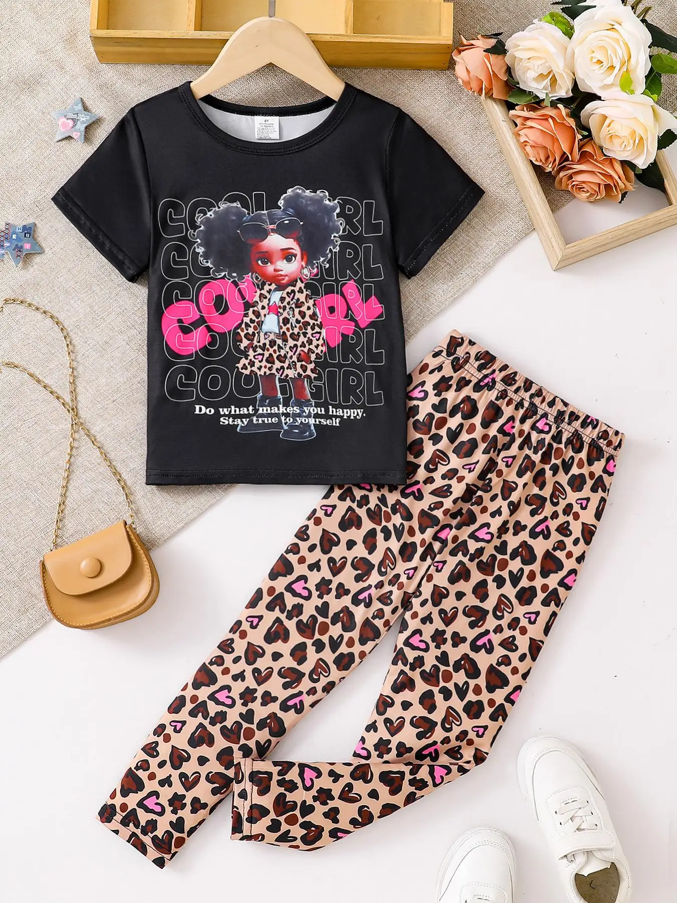 Girl's Cartoon Print Top & Pants Set, Casual Round Neck Short Sleeve Top & Elastic Waist Trousers, Kids Summer Clothes