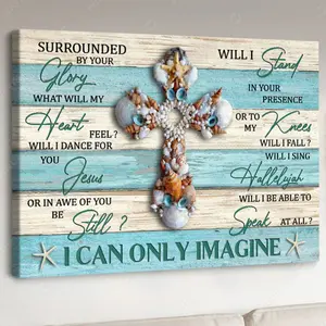 I Can Only Imagine Canvas Wall Art (1.5 in frame) Ready To Hang, Seashell Cross Beach House Decor Gift, Christian Coastal Decor, Seashell Cross Inspirational Scripture Canvas Print